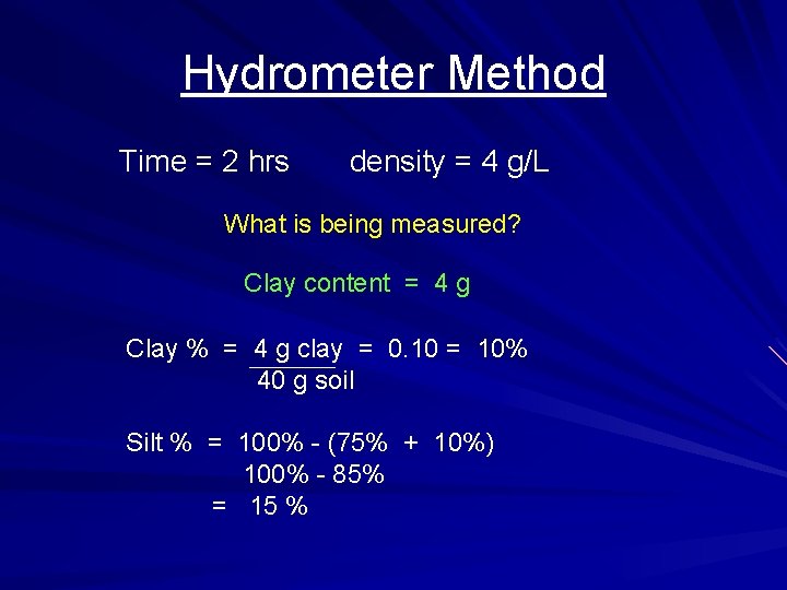 Hydrometer Method Time = 2 hrs density = 4 g/L What is being measured?