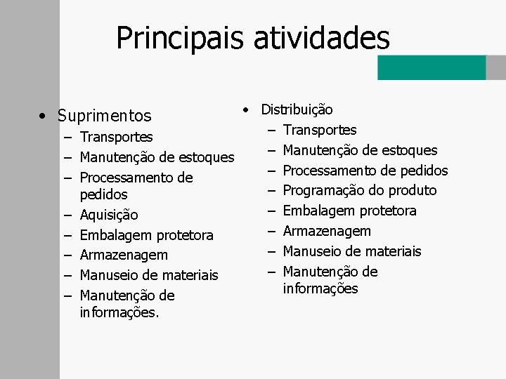 Principais atividades • Distribuição – Transportes – Manutenção de estoques – Processamento de pedidos