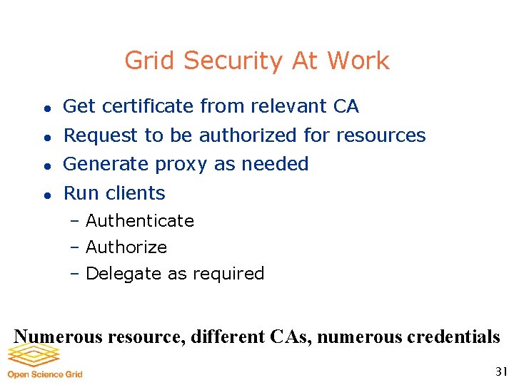 Grid Security At Work l Get certificate from relevant CA l Request to be