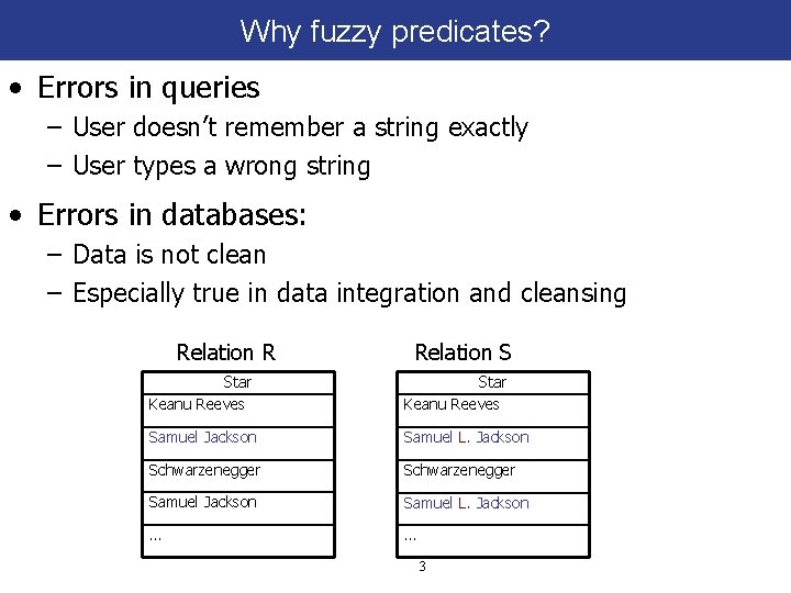 Why fuzzy predicates? • Errors in queries – User doesn’t remember a string exactly
