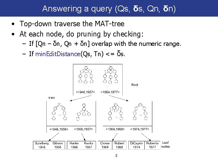 Answering a query (Qs, δs, Qn, δn) • Top-down traverse the MAT-tree • At