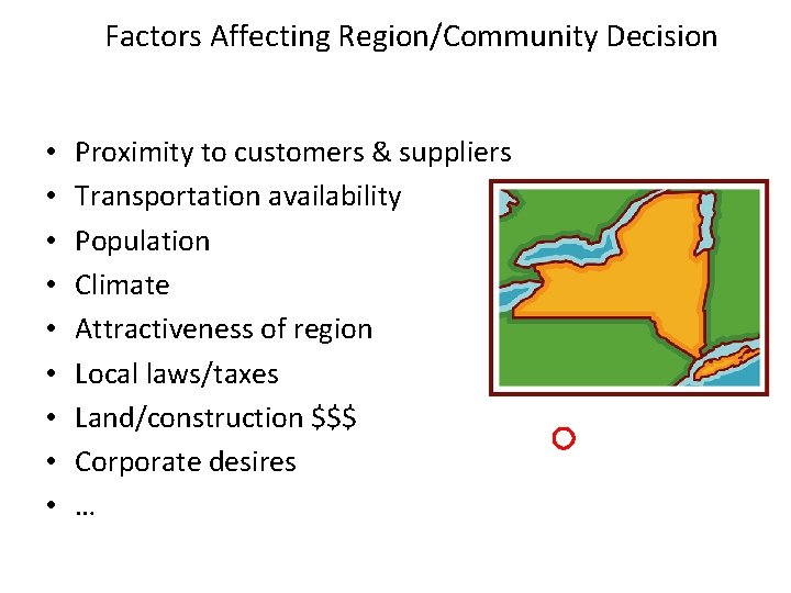 Factors Affecting Region/Community Decision • • • Proximity to customers & suppliers Transportation availability