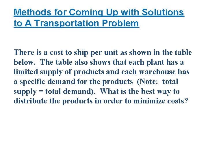 Methods for Coming Up with Solutions to A Transportation Problem There is a cost
