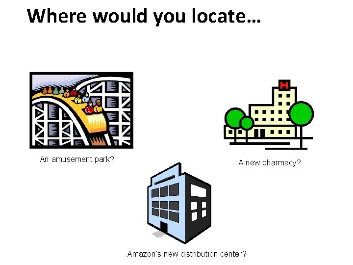 Where would you locate… An amusement park? A new pharmacy? Amazon’s new distribution center?