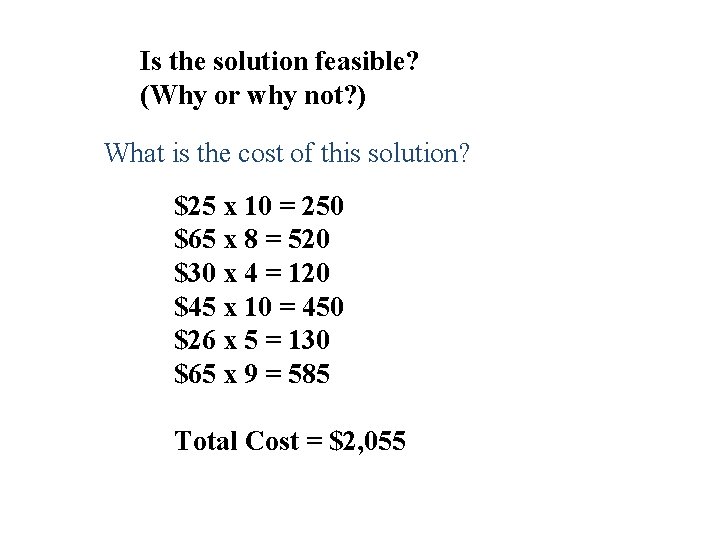 Is the solution feasible? (Why or why not? ) What is the cost of