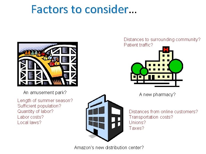 Factors to consider… Factors to consider Distances to surrounding community? Patient traffic? An amusement