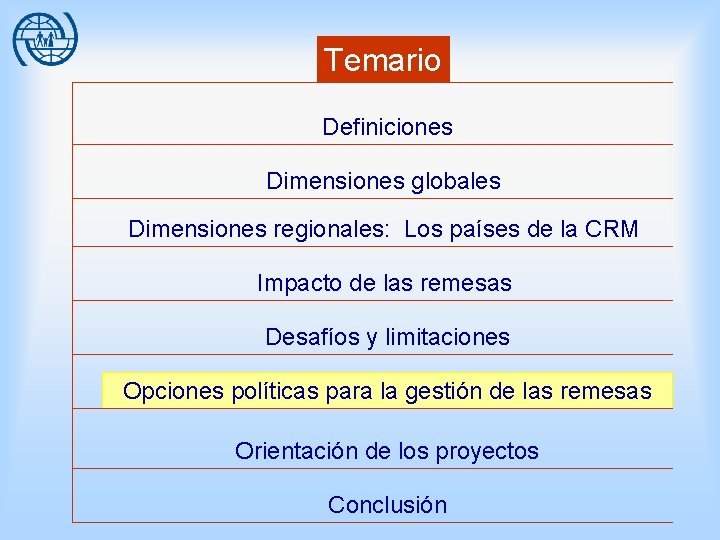 Temario Definiciones Dimensiones globales Dimensiones regionales: Los países de la CRM Impacto de las