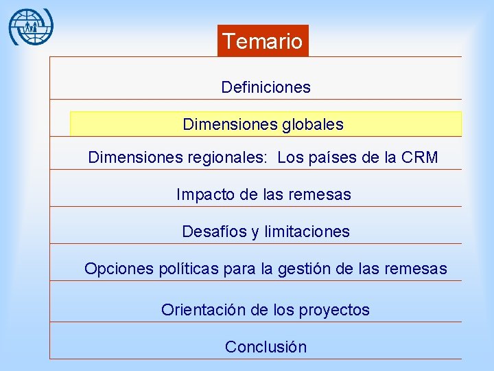 Temario Definiciones Dimensiones globales Dimensiones regionales: Los países de la CRM Impacto de las