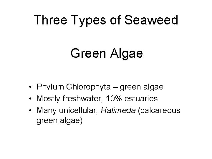 Three Types of Seaweed Green Algae • Phylum Chlorophyta – green algae • Mostly