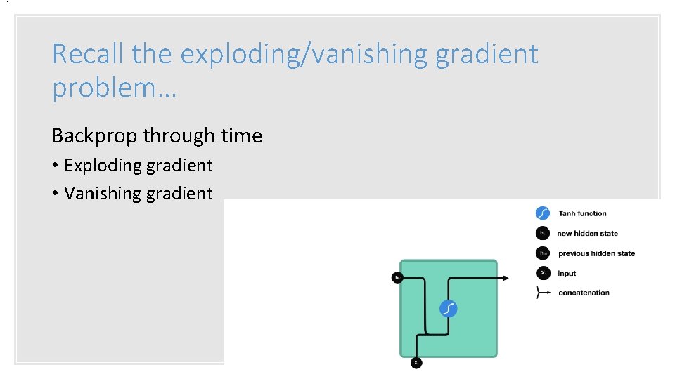 . Recall the exploding/vanishing gradient problem… Backprop through time • Exploding gradient • Vanishing