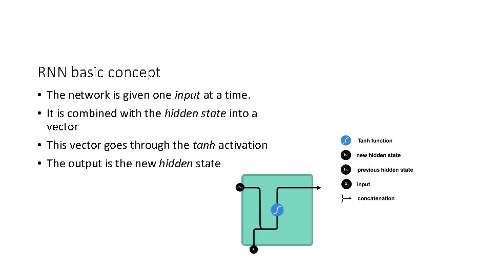 RNN basic concept • The network is given one input at a time. •