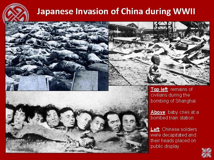 Japanese Invasion of China during WWII Top left: remains of civilians during the bombing