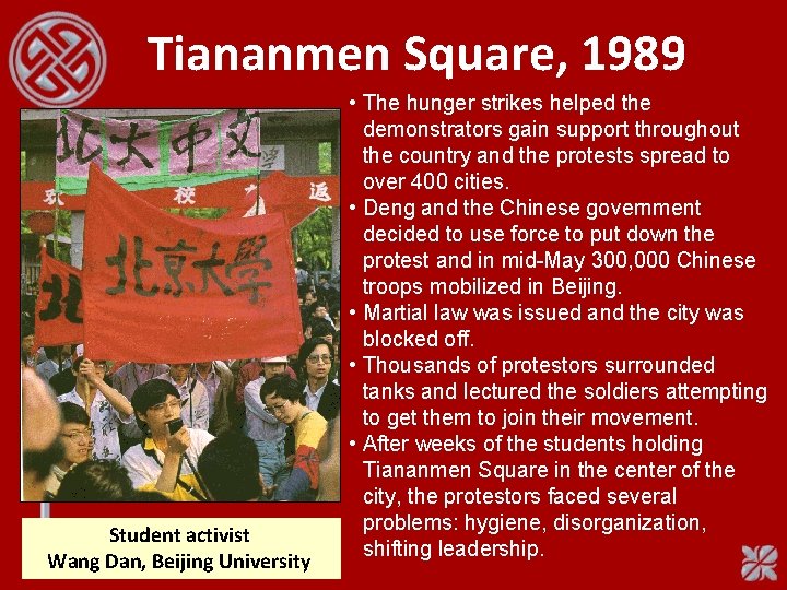 Tiananmen Square, 1989 Student activist Wang Dan, Beijing University • The hunger strikes helped