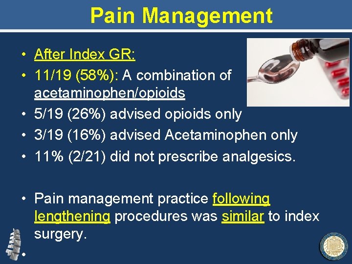 Pain Management • After Index GR: • 11/19 (58%): A combination of acetaminophen/opioids •