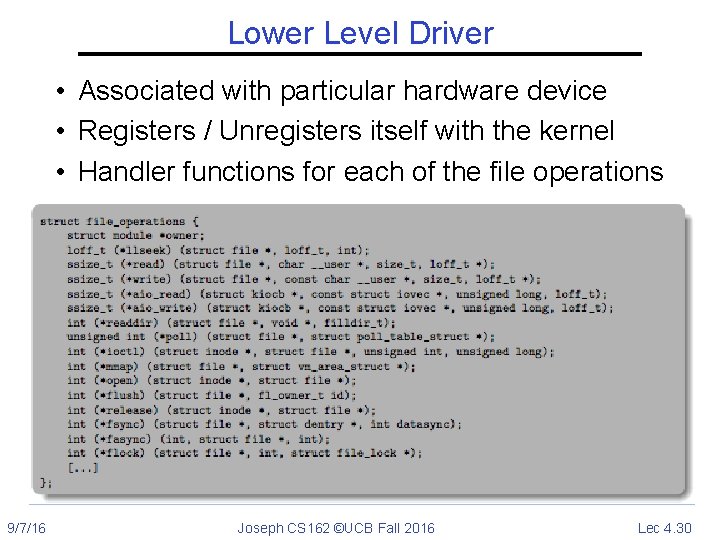 Lower Level Driver • Associated with particular hardware device • Registers / Unregisters itself