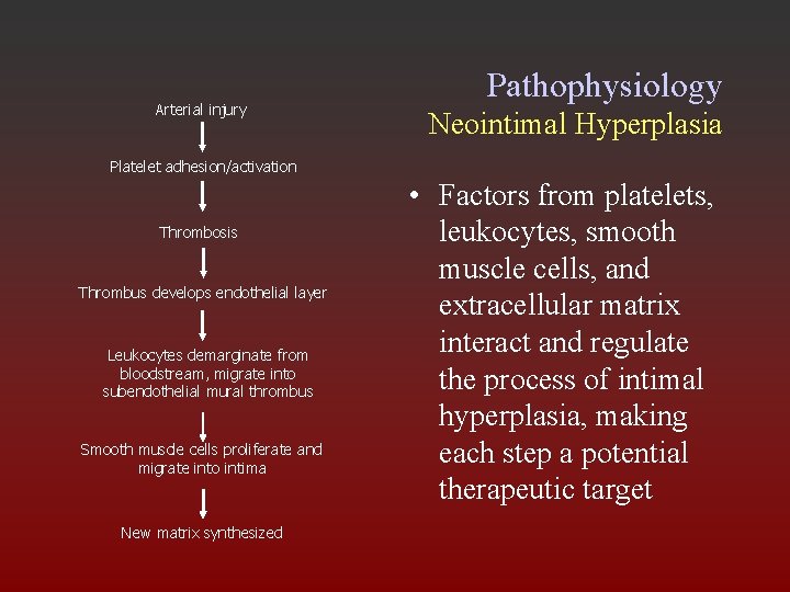 Arterial injury Pathophysiology Neointimal Hyperplasia Platelet adhesion/activation Thrombosis Thrombus develops endothelial layer Leukocytes demarginate