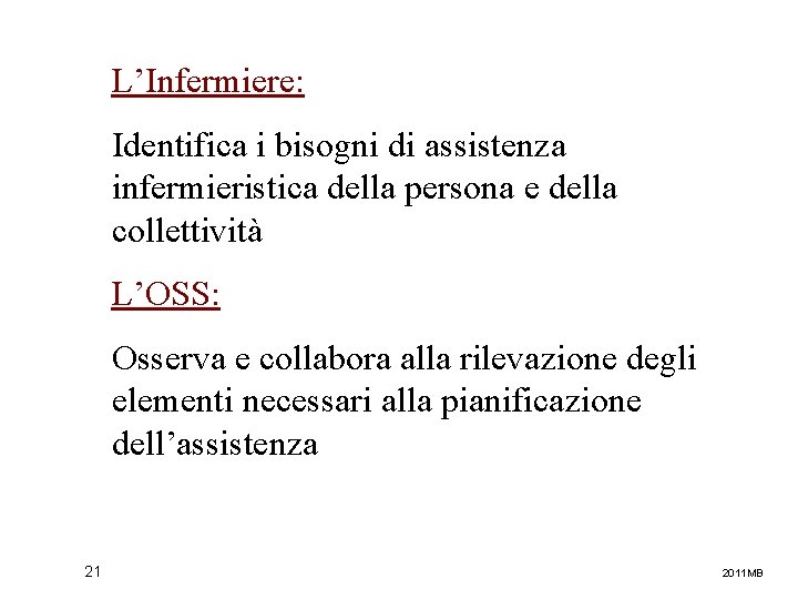 L’Infermiere: Identifica i bisogni di assistenza infermieristica della persona e della collettività L’OSS: Osserva