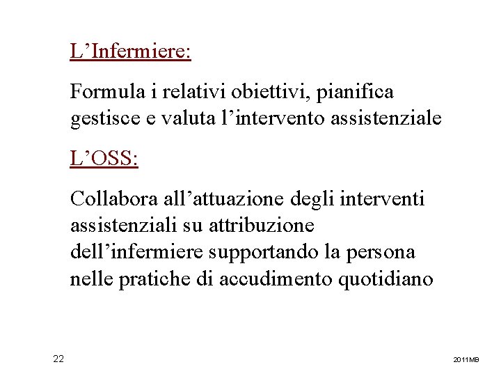 L’Infermiere: Formula i relativi obiettivi, pianifica gestisce e valuta l’intervento assistenziale L’OSS: Collabora all’attuazione