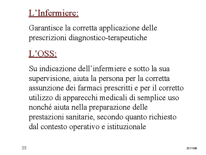 L’Infermiere: Garantisce la corretta applicazione delle prescrizioni diagnostico-terapeutiche L’OSS: Su indicazione dell’infermiere e sotto