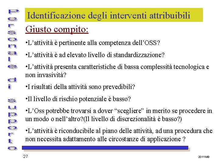 Identificazione degli interventi attribuibili Giusto compito: • L’attività è pertinente alla competenza dell’OSS? •