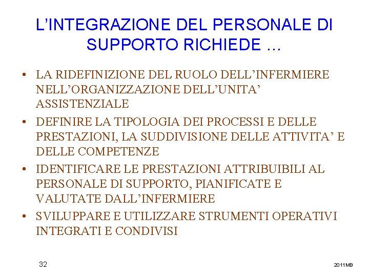 L’INTEGRAZIONE DEL PERSONALE DI SUPPORTO RICHIEDE … • LA RIDEFINIZIONE DEL RUOLO DELL’INFERMIERE NELL’ORGANIZZAZIONE