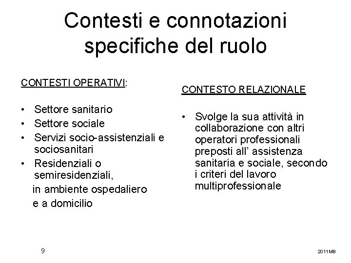 Contesti e connotazioni specifiche del ruolo CONTESTI OPERATIVI: • Settore sanitario • Settore sociale