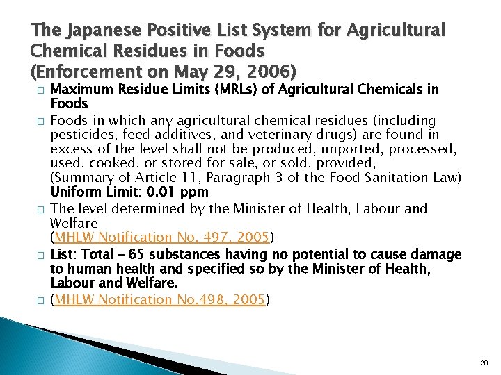 The Japanese Positive List System for Agricultural Chemical Residues in Foods (Enforcement on May