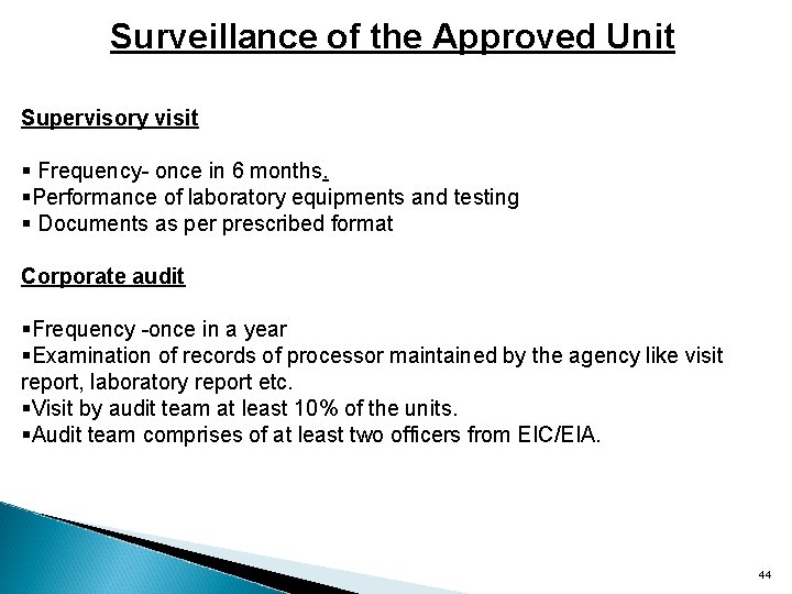 Surveillance of the Approved Unit Supervisory visit § Frequency- once in 6 months. §Performance