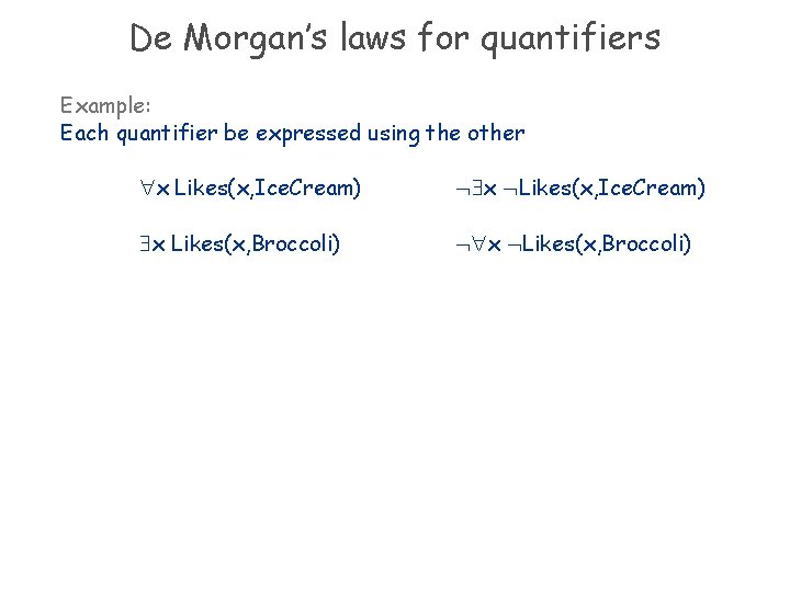 De Morgan’s laws for quantifiers Example: Each quantifier be expressed using the other x