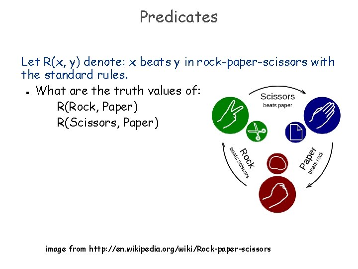 Predicates Let R(x, y) denote: x beats y in rock-paper-scissors with the standard rules.