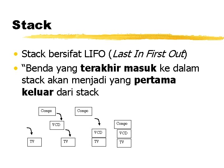 Stack • Stack bersifat LIFO (Last In First Out) • “Benda yang terakhir masuk