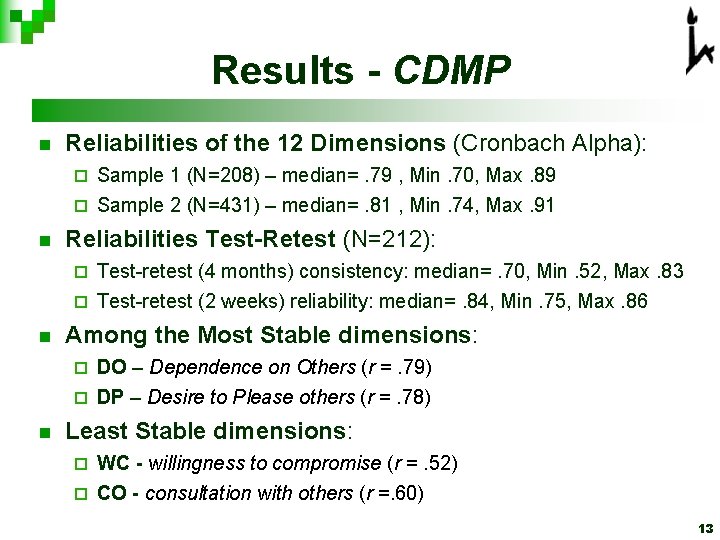 Results - CDMP n n Reliabilities of the 12 Dimensions (Cronbach Alpha): ¨ Sample