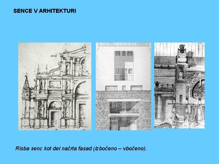 SENCE V ARHITEKTURI Risba senc kot del načrta fasad (izbočeno – vbočeno). 