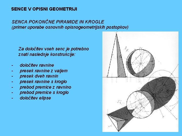 SENCE V OPISNI GEOMETRIJI SENCA POKONČNE PIRAMIDE IN KROGLE (primer uporabe osnovnih opisnogeometrijskih postopkov)