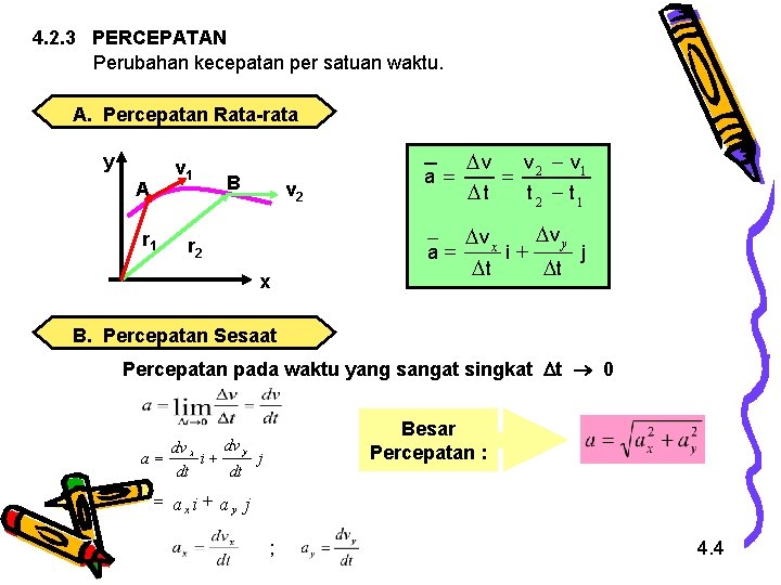 4. 2. 3 PERCEPATAN Perubahan kecepatan per satuan waktu. A. Percepatan Rata-rata y v