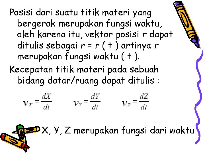 Posisi dari suatu titik materi yang bergerak merupakan fungsi waktu, oleh karena itu, vektor