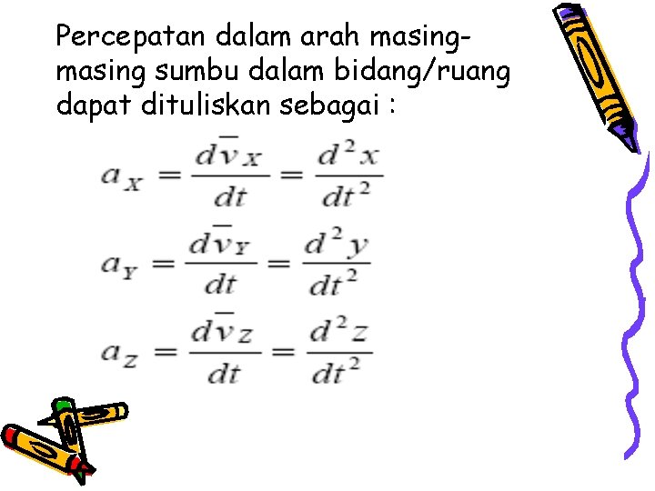 Percepatan dalam arah masing sumbu dalam bidang/ruang dapat dituliskan sebagai : 
