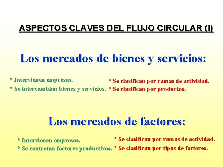 ASPECTOS CLAVES DEL FLUJO CIRCULAR (I) Los mercados de bienes y servicios: * Intervienen