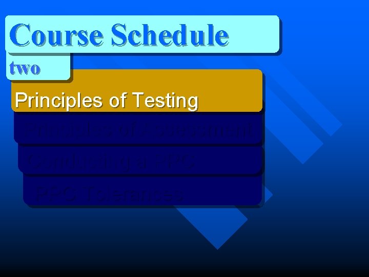 Course Schedule two Principles of Testing Principles of Assessment Conducting a PPC Tolerances 