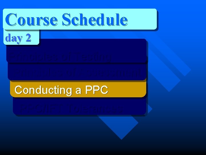 Course Schedule day 2 Principles of Testing Principles of Assessment Conducting a PPC/IFT Tolerances