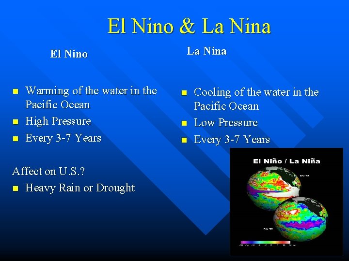 El Nino & La Nina El Nino n n n Warming of the water
