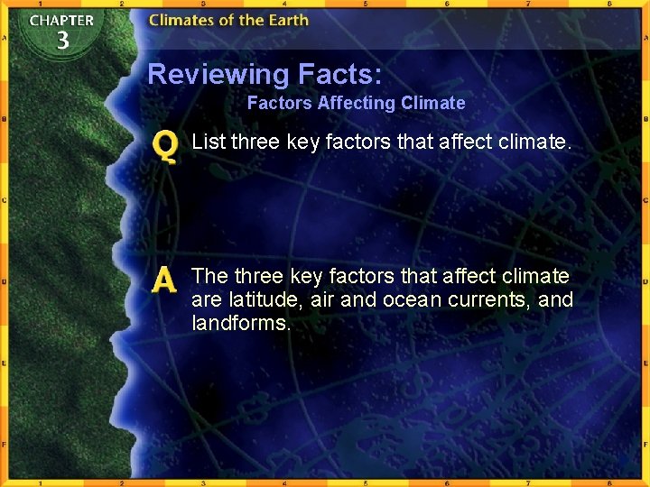 Reviewing Facts: Factors Affecting Climate List three key factors that affect climate. The three