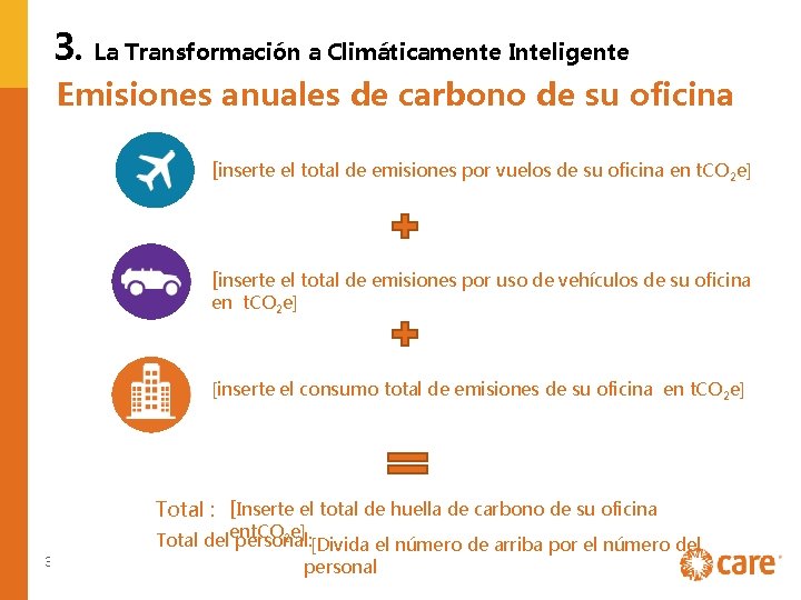 3. La Transformación a Climáticamente Inteligente Emisiones anuales de carbono de su oficina [inserte