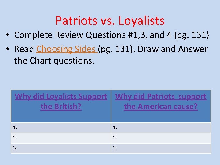 Patriots vs. Loyalists • Complete Review Questions #1, 3, and 4 (pg. 131) •