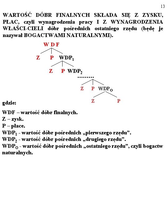 13 WARTOŚĆ DÓBR FINALNYCH SKŁADA SIĘ Z ZYSKU, PŁAC, czyli wynagrodzenia pracy I Z