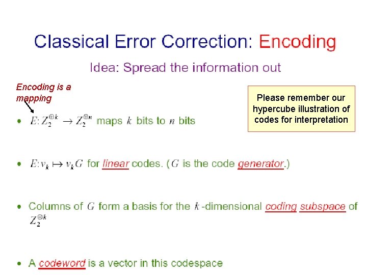 Encoding is a mapping Please remember our hypercube illustration of codes for interpretation 