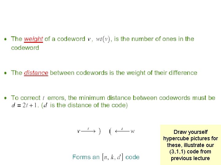 Draw yourself hypercube pictures for these, illustrate our (3, 1, 1) code from previous