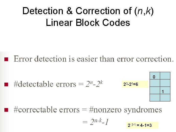Detection & Correction of (n, k) Linear Block Codes 0 23 -21=6 1 2