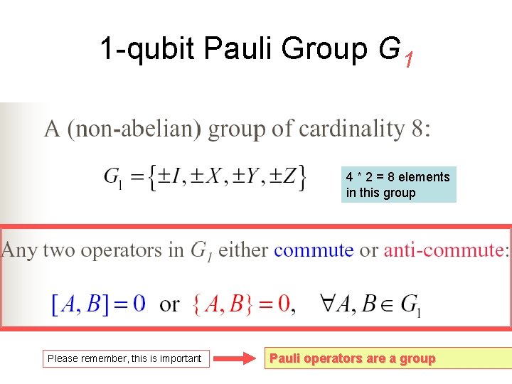 1 -qubit Pauli Group G 1 4 * 2 = 8 elements in this