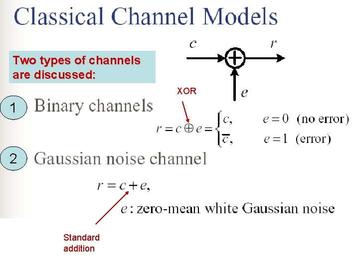 Two types of channels are discussed: XOR 1 2 Standard addition 